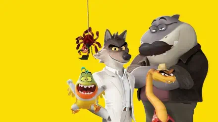 The Bad Guys 2 4K Ultra HD PC desktop wallpaper showing four animated characters on bright yellow: a wolf in a white suit, a large shark-like boss, a grinning snake and a small yellow reptile.