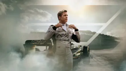 F1 (2025) 4K Ultra HD PC desktop wallpaper/background: race driver in suit adjusting his collar beside a smoke-wreathed Formula 1 car on a dramatic racetrack at sunrise.