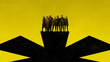 Thunderbolts (2025) 4K UHD PC desktop wallpaper: silhouetted squad stands atop a black emblem against a textured yellow background.