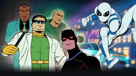 HD PC desktop wallpaper, Your Friendly Neighborhood Spider-Man: white-suited Spider-Man leaps beside a dark-suited hero and three villains against a neon-lit city street.