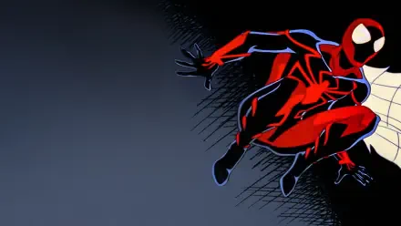 Spider-Man Unlimited in a stylized red-and-black suit crouching against a dark gradient — HD PC desktop wallpaper background.