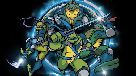 Teenage Mutant Ninja Turtles (2003) HD PC desktop wallpaper/background: the four turtles in action poses with weapons against a glowing blue circular energy backdrop.