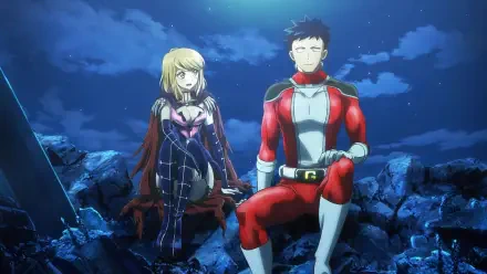 HD PC desktop wallpaper from Love After World Domination: a purple-clad villainess and red-suited hero sit together on rocky ruins beneath a moonlit sky.