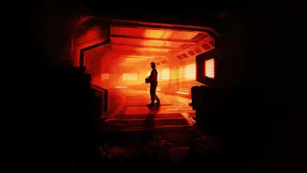 Alien: Romulus 4K Ultra HD PC desktop wallpaper — lone silhouette stands in a glowing red industrial corridor, casting long shadows in an eerie sci‑fi scene.