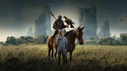 Kingdom of the Planet of the Apes 4K Ultra HD PC desktop wallpaper: ape warrior on horseback with a hawk, a young human by a horse in a grassy field with a ruined city skyline.