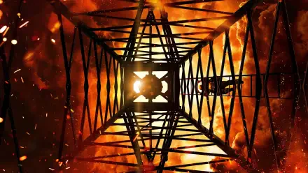 Oppenheimer 4K Ultra HD PC desktop wallpaper showing a steel tower framework seen from below against a fiery orange explosion, with flying sparks and glowing embers.