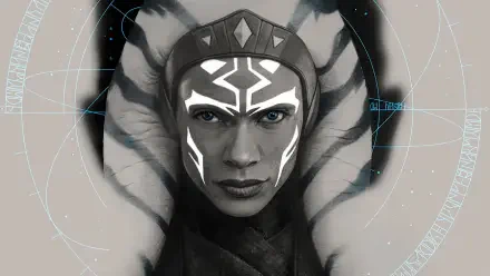 HD PC desktop wallpaper of Ahsoka (2023): close-up portrait of Ahsoka Tano with white facial markings, striped montrals and cyan eyes against a geometric space backdrop.