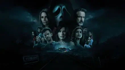 Scream (2022) 4K Ultra HD PC Desktop Wallpaper and Background — moody blue-green collage of multiple characters with a looming Ghostface mask above a dark road leading to a distant lit house.