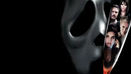 Scream 4 HD PC desktop wallpaper and background: close-up Ghostface mask with cast faces reflected along its edge against a dark backdrop.