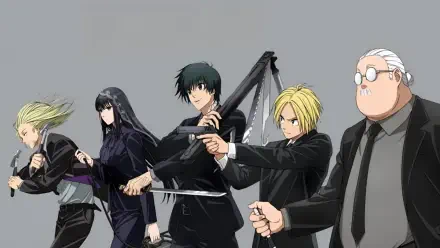 Sakamoto Days 4K Ultra HD PC desktop wallpaper: five main characters in black suits aiming pistols and weapons against a gray background.