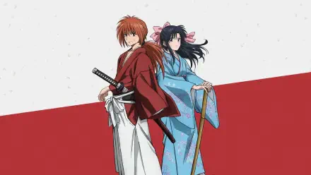 Rurouni Kenshin (2023) 4K Ultra HD PC desktop wallpaper/background: Kenshin in a red kimono and Kaoru in a blue kimono standing back-to-back, sword and cane against a red-and-white minimalist backdrop.