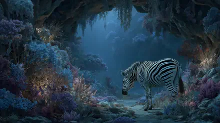 AI art 2K Quad HD PC desktop wallpaper: surreal underwater cave with glowing coral, zebra and a small crab navigating the seabed — animal-focused, dreamy blue-green atmosphere.