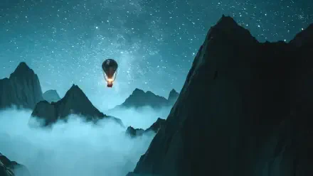 4K Ultra HD digital painting of a blue-toned hot air balloon drifting above fog-filled mountain peaks under a starry sky — PC desktop wallpaper.