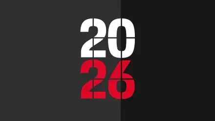 Minimalist 2026 number graphic: white 20 above red 26 split down a dark gray and black panel, rendered as a 5K Ultra HD PC desktop wallpaper background.