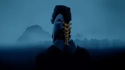 8K Ultra HD PC desktop wallpaper: Agamemnon from the movie The Odyssey (2026), seen from behind in a crested helmet with gold spine detail against a misty blue sea and distant islets.