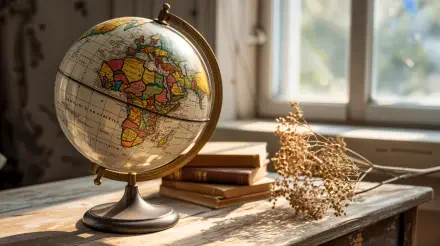 Vintage globe on a wooden table with stacked books and dried flowers by a sunlit window — 4K Ultra HD PC desktop wallpaper/background.