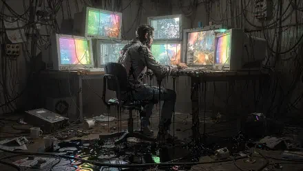 4K Ultra HD PC Desktop Wallpaper and Background — lone figure at a cluttered desk, surrounded by colorful, glitching monitors in a dark, cable-strewn, cyberpunk-style room.