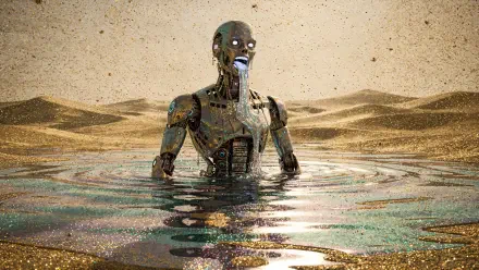 Sci-Fi robot with glowing eyes rising from a shimmering desert pool, metallic body reflecting heat and light — 4K Ultra HD PC desktop wallpaper background.