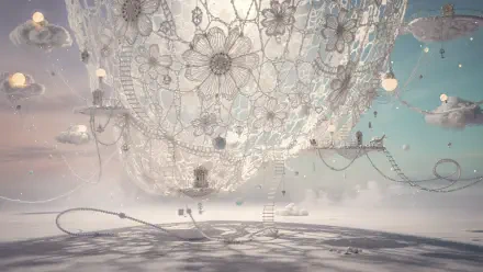 4K Ultra HD PC Desktop Wallpaper and Background: surreal crochet lace globe with floral motifs, tiny ladders and chairs drifting among pastel clouds.