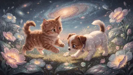 4K Ultra HD PC Desktop Wallpaper and Background: a kitten and puppy frolic among glowing flowers beneath a swirling starry galaxy, soft pastels and sparkling lights.