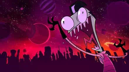 HD PC desktop wallpaper/background of Invader Zim (TV show): Zim's manic grin and outstretched arms against a purple-red alien sky with planets and a silhouetted city skyline.