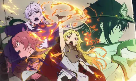 HD PC desktop wallpaper of anime Sentenced to Be a Hero featuring Teoritta and three companions amid swirling flames and magic, dynamic poses and intense expressions.
