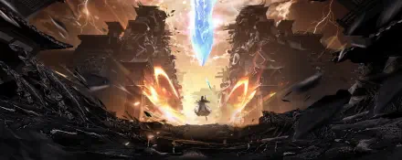 HD PC desktop wallpaper background of Renegade Immortal TV show: lone cultivator faces a collapsing citadel as a blue crystal descends, fiery eyes and shattered ruins framing the scene.