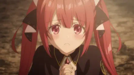 HD anime desktop wallpaper: Sophia Clodel from Jack-of-All-Trades Party of None — red twin‑tailed girl with pink eyes, clasped hands and a worried, pleading expression.