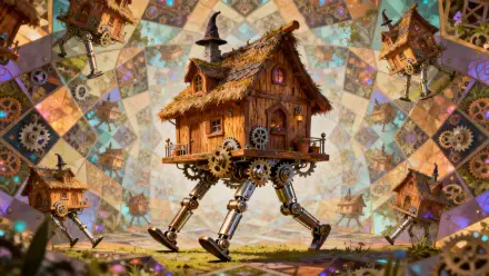 Steampunk walking wooden cottage on articulated metal legs with visible gears, set against a kaleidoscopic patchwork sky and floating houses — 4K Ultra HD PC Desktop Wallpaper and Background