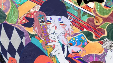 4K Ultra HD PC desktop wallpaper: anime-style Kusuriuri (Mononoke) in elaborate robes and mask, white hair, finger to lips against a vivid patterned background.