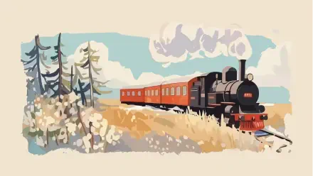 Vintage digital art landscape of a steam train crossing golden fields under warm pastel skies — warm colors, 2K Quad HD PC desktop wallpaper/background illustration.