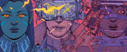 Neuromancer-inspired cyberpunk 2K Quad HD desktop wallpaper: a grizzled smoker wearing a neon visor with waveform and X, surrounded by robotic arms in pink-and-blue synthwave tones.