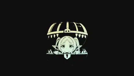 Anime, black anime 2K Quad HD PC wallpaper: Frieren (Frieren: Beyond Journey's End) in pale chibi line art peeking through a cage-like frame on a stark black background.