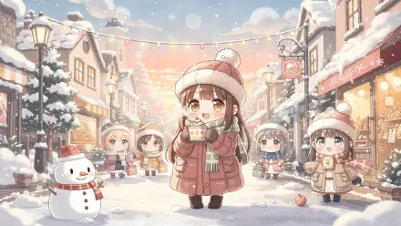 Kawaii winter 4K Ultra HD PC desktop wallpaper and background: chibi girls in a snowy village at sunset, center girl holding a hot drink, a snowman and string lights adding festive charm.
