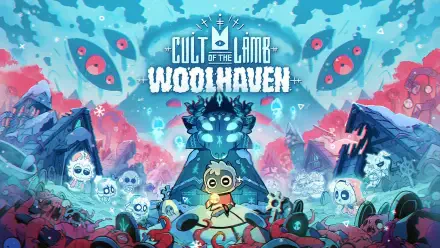 HD PC desktop wallpaper of the video game Cult of the Lamb: Woolhaven — the lamb cult leader stands before a glowing totem amid skulls, tentacles and an eerie, colorful mountain landscape.