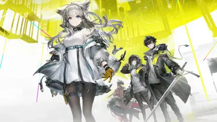 4K Ultra HD PC desktop wallpaper of the video game Arknights: Endfield, showing a fox-eared heroine and three allies posed against a vivid yellow-white futuristic cityscape background.
