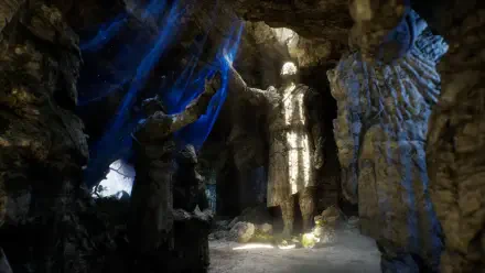 HD PC desktop wallpaper from the video game Solasta II: a cavernous cave lit by beams, showcasing towering stone sculptures and rugged rock formations.