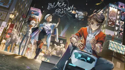 Identity V video game 4K Ultra HD PC desktop wallpaper and background — two stylized characters in a neon-lit city at night, one tinkering with a glowing mechanical device.