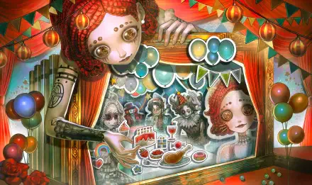 HD PC desktop wallpaper/background — video game Identity V: surreal carnival puppet show with a giant doll looming over a miniature stage where masked characters dine amid balloons and lanterns.
