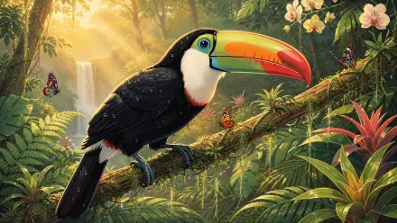 Vibrant toucan perched on a mossy branch in a sunlit tropical jungle with butterflies, 4K Ultra HD PC desktop wallpaper and background