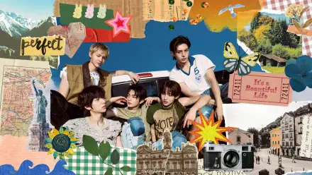 2K Quad HD PC desktop wallpaper collage of K-pop boy band Cortis posed by a van amid vintage travel ephemera, butterflies, a camera and cutout cityscape elements.