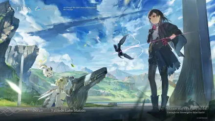 Ex Astris official HD PC desktop wallpaper: lone traveler with a mechanical bird on a cliff, overlooking green valleys and floating ruins beneath a bright blue sky.