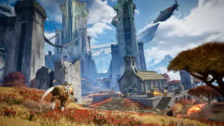 HD PC desktop wallpaper and background: Highguard video game gaming environment with towering ruined spires, a mounted rider, distant airship, autumn grass and a vivid sky.