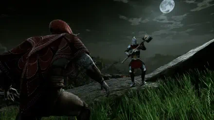 HD PC desktop wallpaper background from the video game Vampires: Bloodlord Rising — crouched vampire ambushing an armored foe on a moonlit hill.