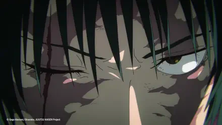 HD PC desktop wallpaper: close-up of Maki Zenin (Jujutsu Kaisen), shadowed face with narrowed eyes and a tense, determined expression under dramatic lighting.