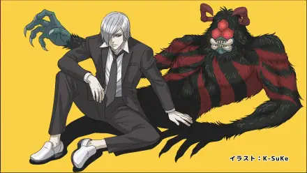 Anime 2K Quad HD PC wallpaper: Tojima Wants to Be a Kamen Rider — silver-haired man in a suit sits on a yellow background beside a large red-and-black insectoid creature.