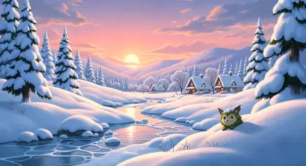 4K Ultra HD PC desktop wallpaper — winter wonderland sunrise: snow-laden pines, cozy cottages by a winding frozen stream, pink sky and a small owl on the snowbank.