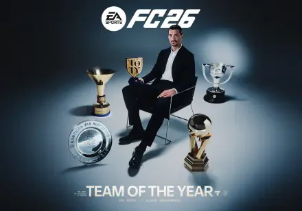 EA Sports FC 26 HD wallpaper: a male soccer star in a suit seated among multiple trophies with Team of the Year text beneath.