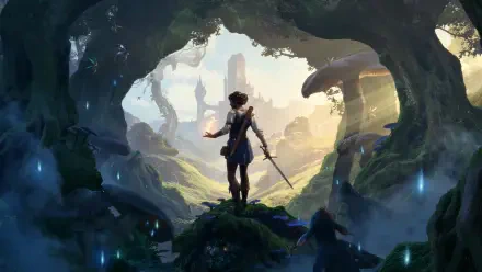 2K Quad HD PC wallpaper — Fable (2025) video game: a woman warrior with sword and glowing spell stands at a cave opening, overlooking a sunlit, mystical valley.