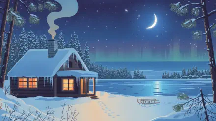 winter night cabin snow lake moon HD Desktop Wallpaper | Background Image